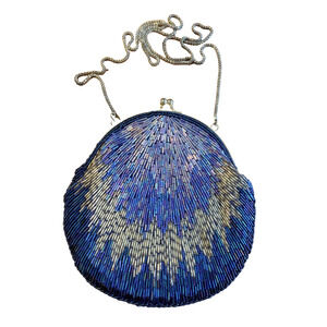Vintage La Regale Glass Beaded Evening Bag Navy/Blue/Silver/Gold Ombre Purse